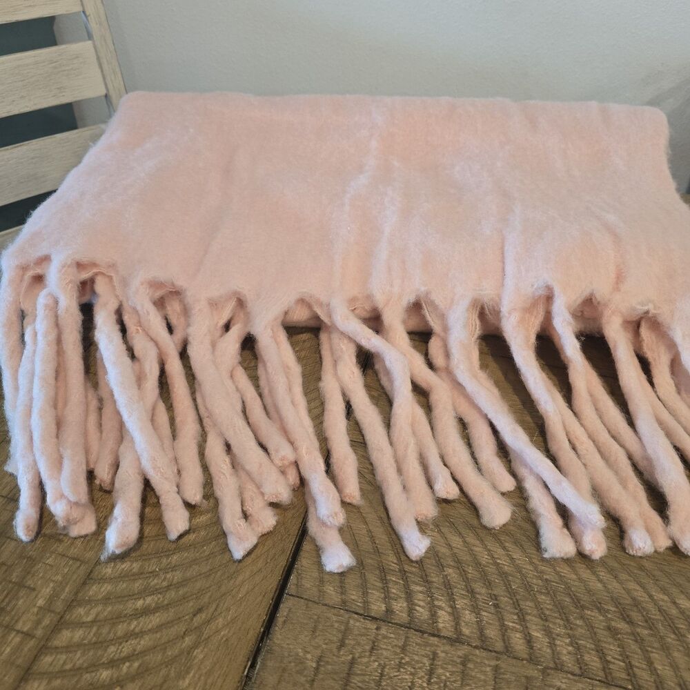 Urban Outfitters Pink Throw Blanket Fringe 19% Wool 63" x 52"